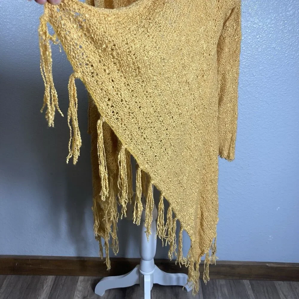 Fringe Boho Cardigan Womens M Open Front Gold Loose Knit Western Asymmetrical